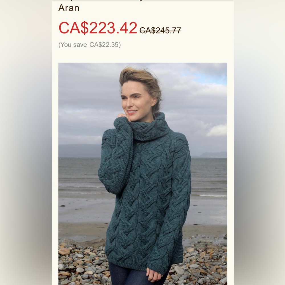 100% Merino wool. Genuine Aran Woollen Mills Cable Knit Sweater